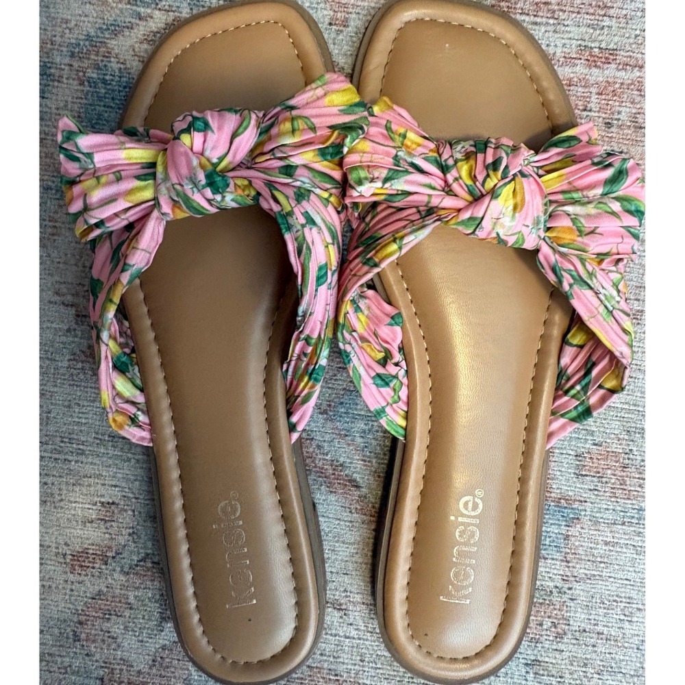 Kensie Womens Pink Lemon Floral Bow Slide Sandals Square Toe Flat Shoes | 8.5 - Picture 2 of 3